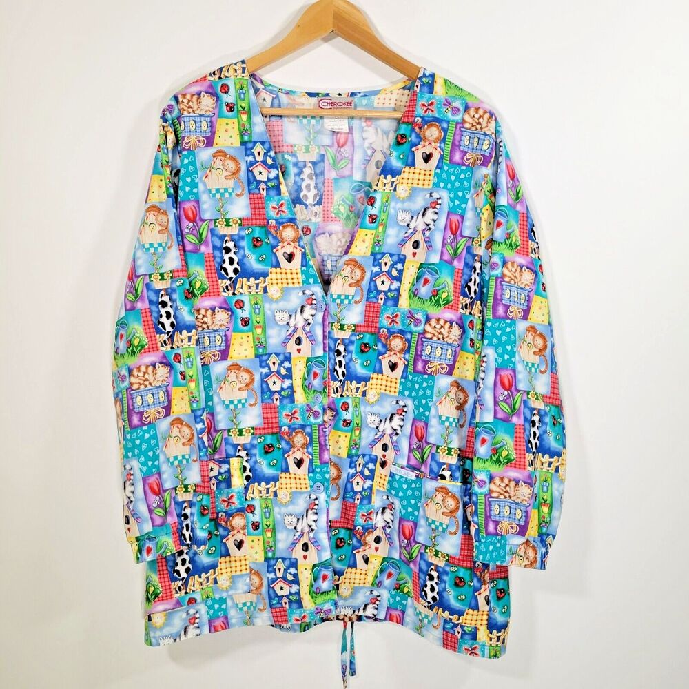 Vintage CHEROKEE Cat Print Lightweight Jacket Size L Gardening Kitsch Novelty